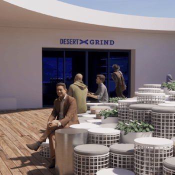 Desert X Visitor Centre pop-up design by Studio Königshausen. The Grind coffee bar emerges as an inviting centrepiece within the historic landscape, inviting visitors to immerse in the fusion of contemporary design and the timeless allure of AlUla. 